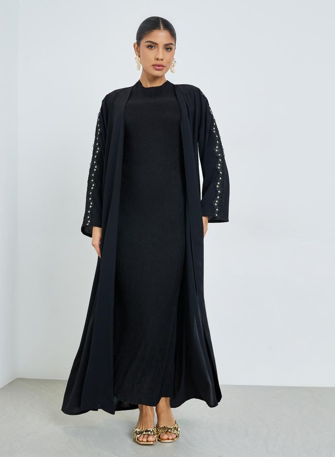 Amirah Black Front Open Abaya with Lace Detail - Image 3
