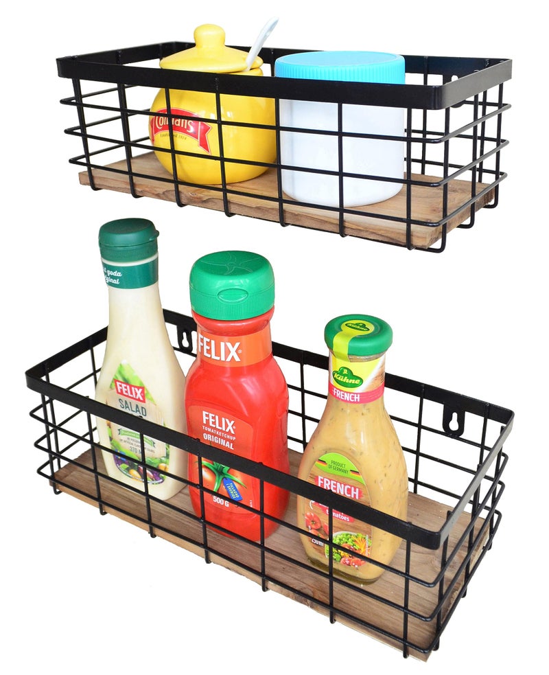 ShabbyDecor Metal Wire Basket Detachable Wood Base Storage Organizer Farmhouse Small Bins for Kitchen Cabinets  Bathroom  Pantry  Laundry Room  Closets Set of 2 Black Color - Image 4