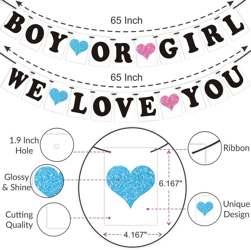 WOBBOX Baby Shower Combo of Party Props 16 Pcs with Blue & Pink Heart Boy Or Girl We Love You Banner, Mommy to be Rose Red Sash, with Blue & Pink Foil Fringe, Baby Shower Decoration Item (Pack of 4) - Image 2