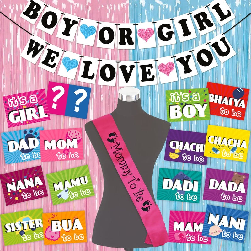 WOBBOX Baby Shower Combo of Party Props 16 Pcs with Blue & Pink Heart Boy Or Girl We Love You Banner, Mommy to be Rose Red Sash, with Blue & Pink Foil Fringe, Baby Shower Decoration Item (Pack of 4) - Image 1