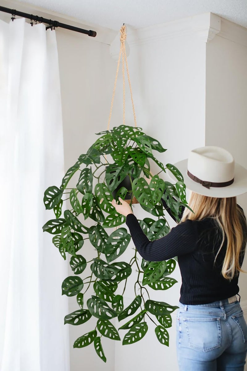 Villa Como Large Fake Hanging Plants in Pot with Hook, 37" Artificial Hanging Monstera Albo Vines Plants, Fake Potted Greenery Plant for Room Wall Living Room Bathroom Kitchen, Big Faux Ivy Houseplants for Shelf - Image 4