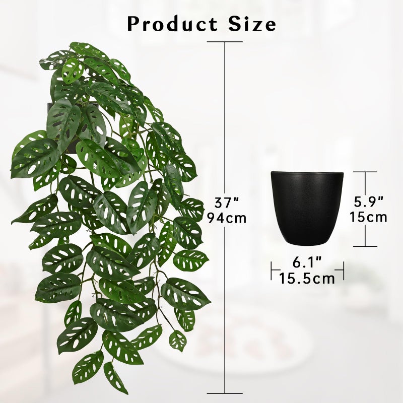 Villa Como Large Fake Hanging Plants in Pot with Hook, 37" Artificial Hanging Monstera Albo Vines Plants, Fake Potted Greenery Plant for Room Wall Living Room Bathroom Kitchen, Big Faux Ivy Houseplants for Shelf - Image 3