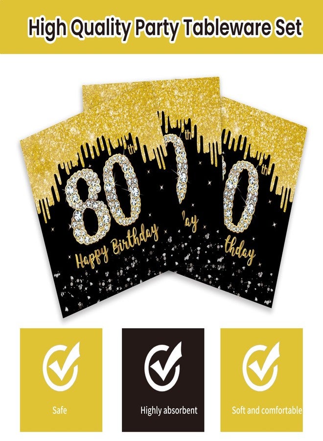 KFJBPB 50 Pcs 80th Birthday Plates and Napkins Party Supplies, Back Gold 80th Birthday Party Plates and Napkins Tableware Set for Men Women Cheers to 80 Years Anniversary Decorations (80th) - Image 5