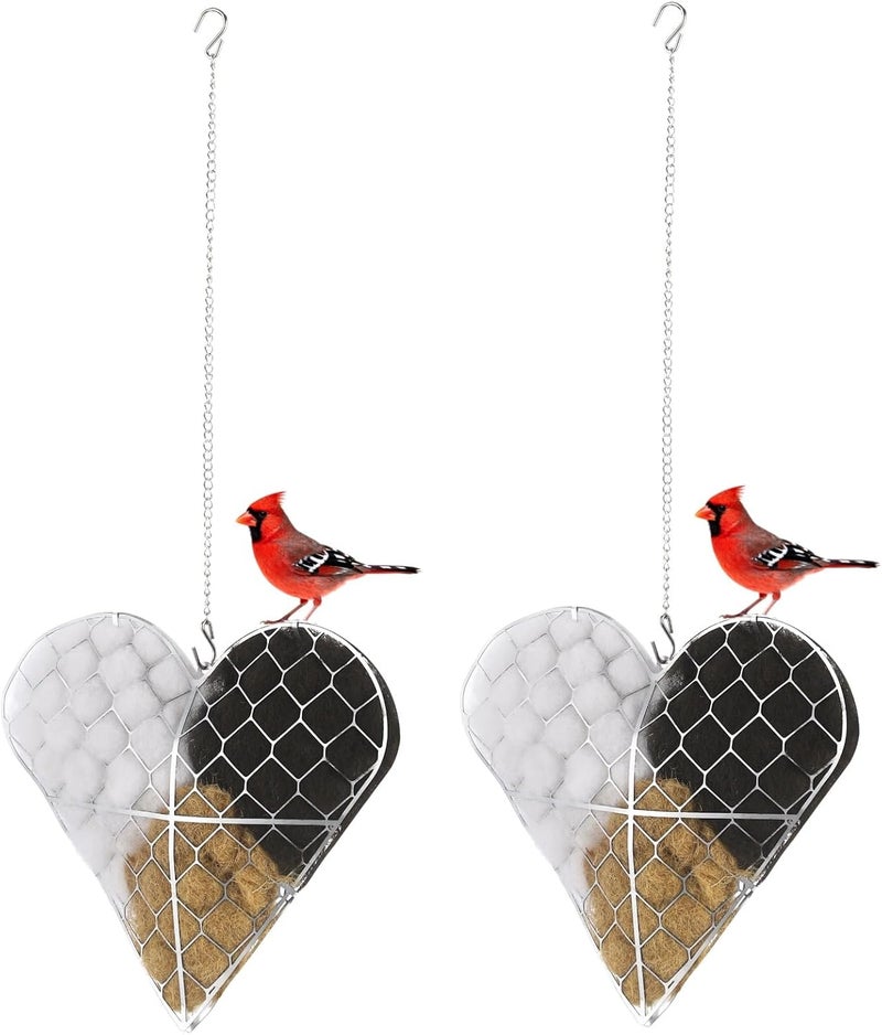 2 Pcs Heart Shaped Bird Nesting Material Holder, Handmade Natural Fiber Nest Frame with Hanging Chain for Winter Tree Shelter, Refillable Nesting Kit for Wild Birds, Ideal Garden Yard Art Decor Gift - Image 1