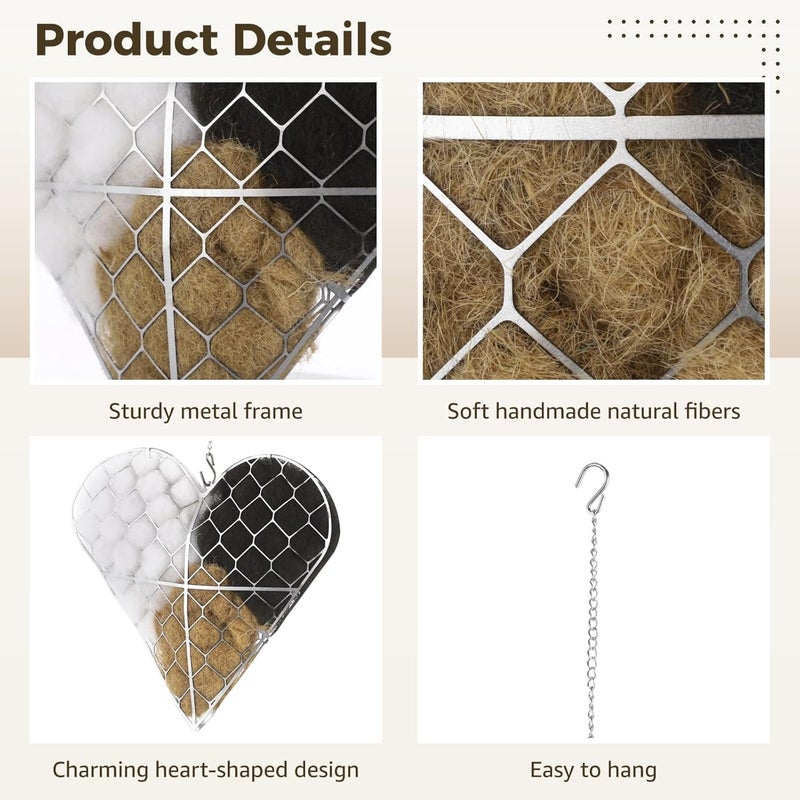 2 Pcs Heart Shaped Bird Nesting Material Holder, Handmade Natural Fiber Nest Frame with Hanging Chain for Winter Tree Shelter, Refillable Nesting Kit for Wild Birds, Ideal Garden Yard Art Decor Gift - Image 3