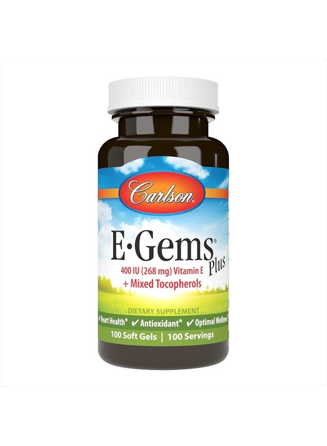 Carlson E-Gems Plus, 400 IU (268 mg), Natural-Source Vitamin E, Optimal Wellness, 100 Soft Gels - Image 1