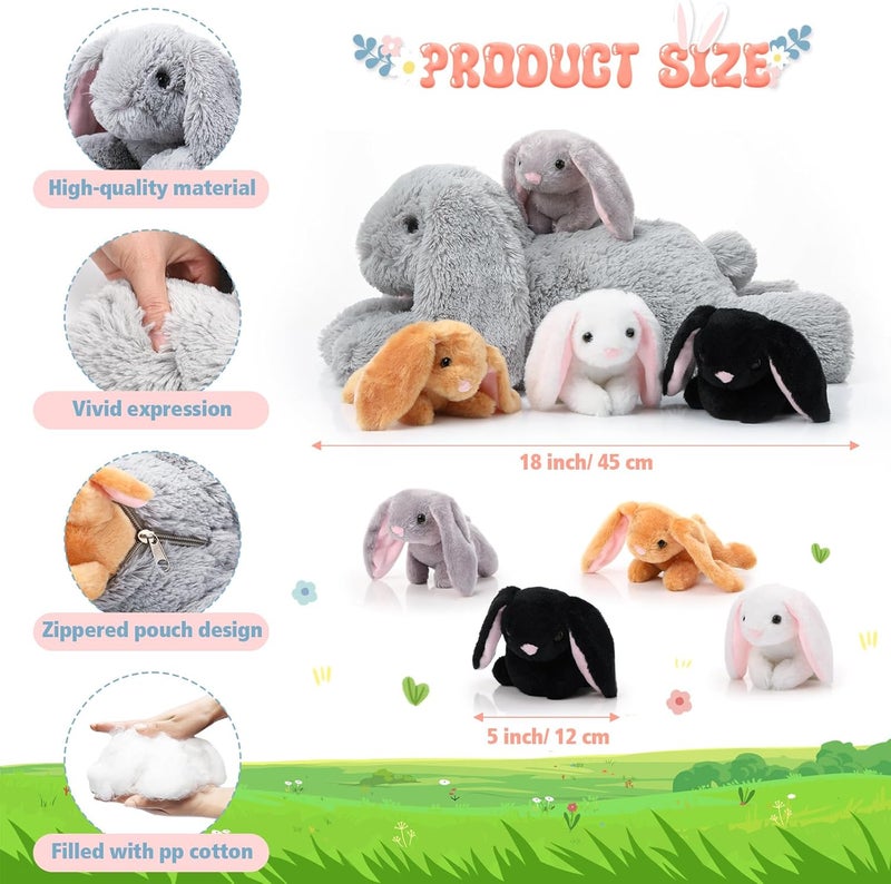 Sratte مجموعة دمى الأرنب المحشوة 5 قطع من سراتي - دمية أرنب أم كبيرة مع 4 أرنب صغير محشو لطيف في بطنها - دمى أرنب ناعمة ومرحة هدية لعيد الميلاد أو حفلات استقبال المواليد - Image 2