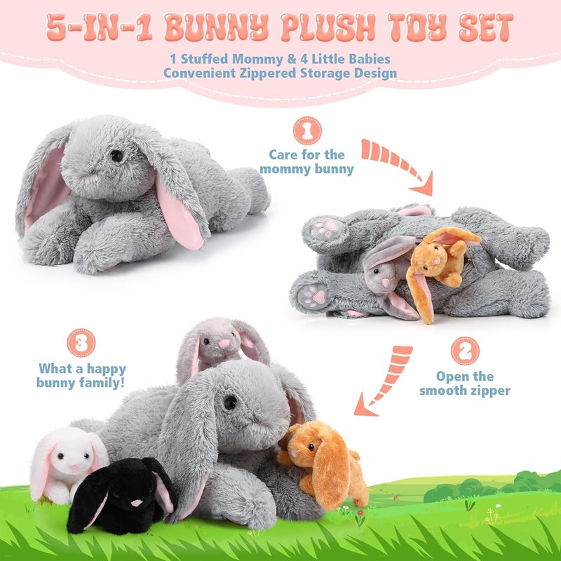 Sratte مجموعة دمى الأرنب المحشوة 5 قطع من سراتي - دمية أرنب أم كبيرة مع 4 أرنب صغير محشو لطيف في بطنها - دمى أرنب ناعمة ومرحة هدية لعيد الميلاد أو حفلات استقبال المواليد - Image 3