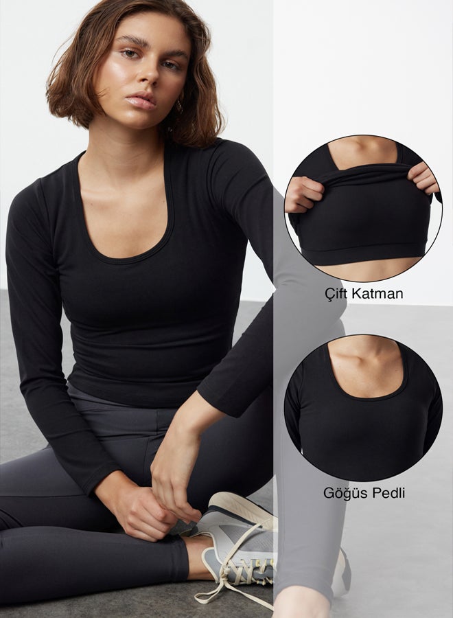 trendyol Black Brushed Soft Fabric 2 Layers Padded Reflective Printed Yoga Knitted Sports Top/Blouse THMAW25BZ00003  - Image 1