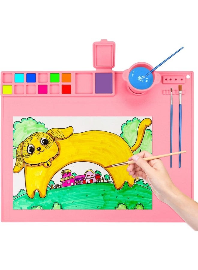 BeFunky Silicone Art Mat with Cup, Painting Mat for Crafts, Artist Mat with Brush Holders for Kids Gift, Clay, DIY Creations and Play Doh (Pink) - Image 1