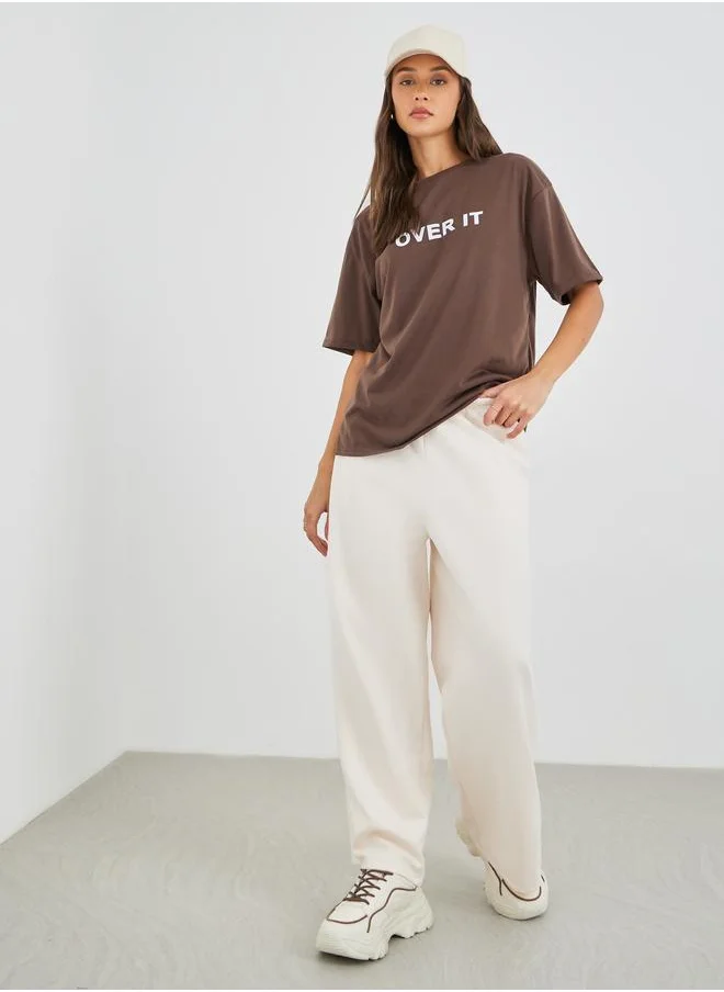 ستايلي Styli Women Cream Suede Look Wide Leg Joggers