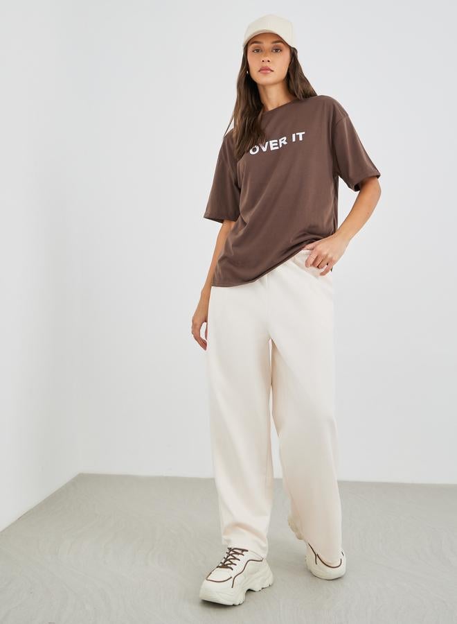 Styli Women Cream Suede Look Wide Leg Joggers - Image 1