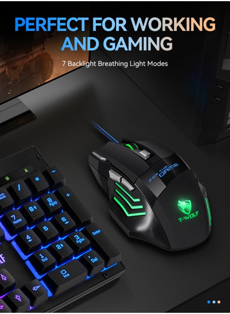 T-WOLF M1 gaming office USB wired mouse, with 3 levels (800-1200-2400 DPI switching), supports 7-color cyclic breathing light effect, ergonomic design - Image 4
