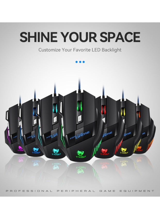 T-WOLF M1 gaming office USB wired mouse, with 3 levels (800-1200-2400 DPI switching), supports 7-color cyclic breathing light effect, ergonomic design - Image 2