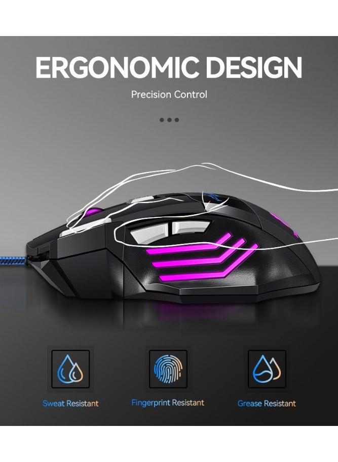 T-WOLF M1 gaming office USB wired mouse, with 3 levels (800-1200-2400 DPI switching), supports 7-color cyclic breathing light effect, ergonomic design - Image 3