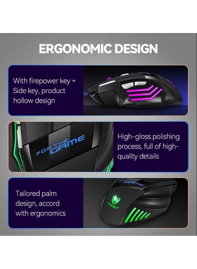 T-WOLF M1 gaming office USB wired mouse, with 3 levels (800-1200-2400 DPI switching), supports 7-color cyclic breathing light effect, ergonomic design - Image 5