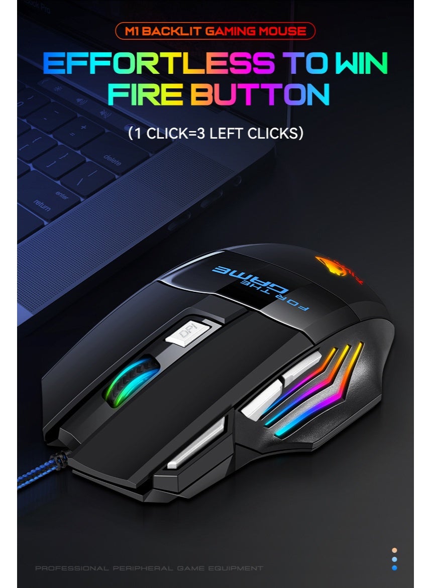 T-WOLF M1 gaming office USB wired mouse, with 3 levels (800-1200-2400 DPI switching), supports 7-color cyclic breathing light effect, ergonomic design