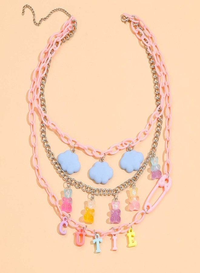 ubrand Multilayer Resin Gummy Cartoon Bear Link Chain Pendant Necklace Punk Colorful Transparent Acrylic Animal Butterfly Cloud Choker Necklace for Women Party Hip Hop Jewelry-A cutie - Image 2