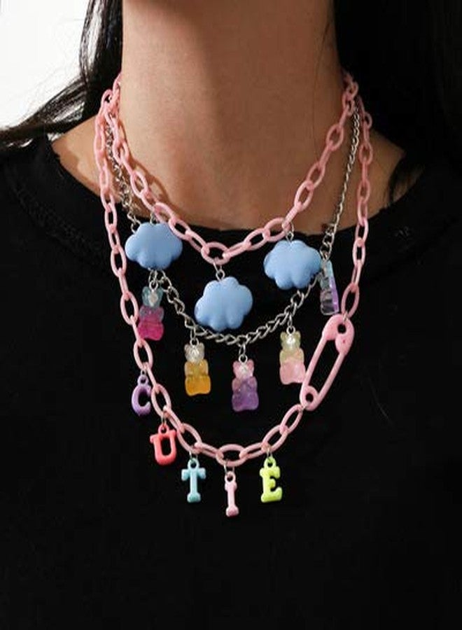 ubrand Multilayer Resin Gummy Cartoon Bear Link Chain Pendant Necklace Punk Colorful Transparent Acrylic Animal Butterfly Cloud Choker Necklace for Women Party Hip Hop Jewelry-A cutie - Image 5