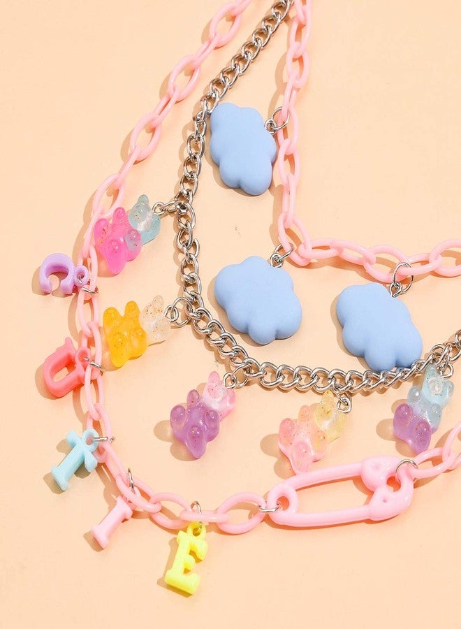 ubrand Multilayer Resin Gummy Cartoon Bear Link Chain Pendant Necklace Punk Colorful Transparent Acrylic Animal Butterfly Cloud Choker Necklace for Women Party Hip Hop Jewelry-A cutie - Image 3