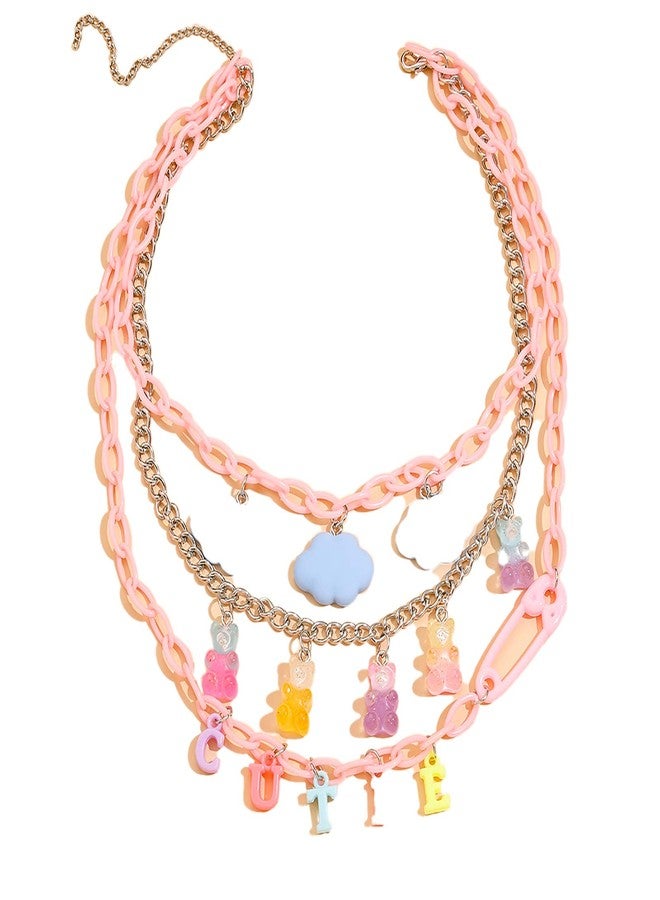 ubrand Multilayer Resin Gummy Cartoon Bear Link Chain Pendant Necklace Punk Colorful Transparent Acrylic Animal Butterfly Cloud Choker Necklace for Women Party Hip Hop Jewelry-A cutie - Image 1