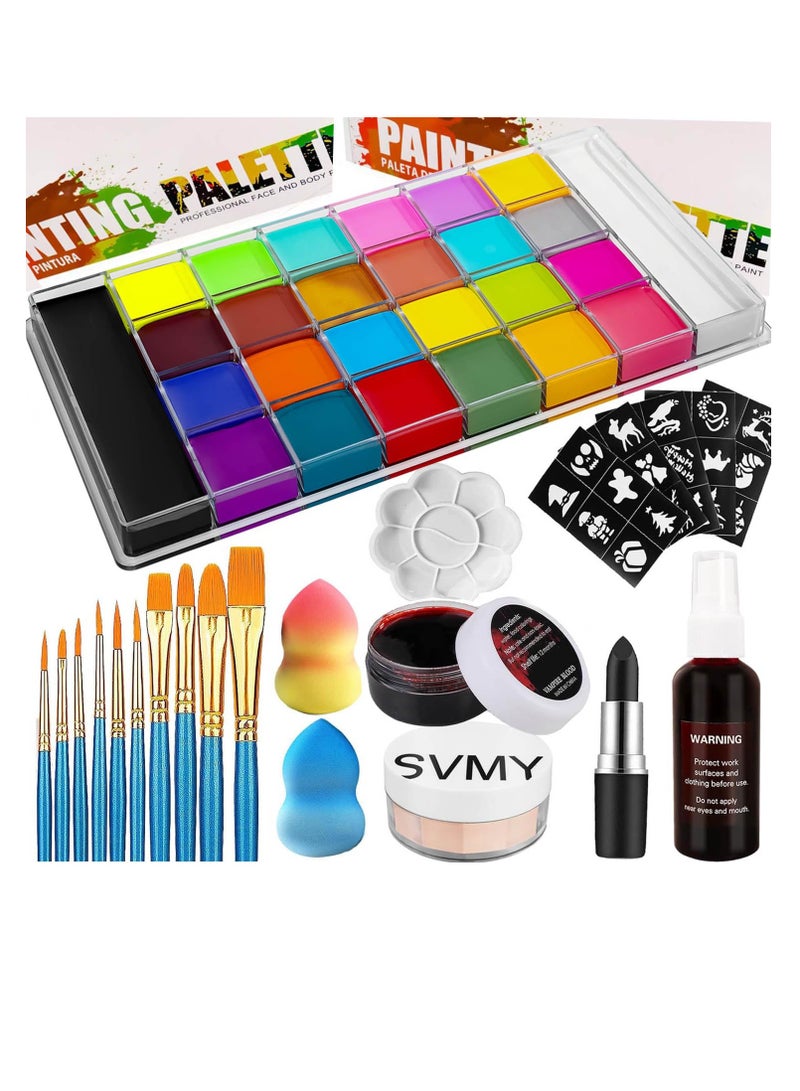 UNIFULL UNIFULL 26 Colors Professional Face Body Paint Kit, Oil Face & Body Paint Kit for Halloween,including 36 Colors Face Paint/Paint Stick/ Brushes/ Special Effects Sticker for Halloween/Fake Blood(Set 2) - Image 1
