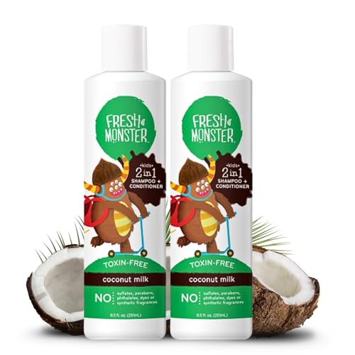 Fresh Monster 2-in-1 Kids Shampoo & Conditioner, Toxin-Free, Hypoallergenic, Tear-free Shampoo & Conditioner for Kids, Coconut (2 Pack, 8.5oz/each) - Image 1