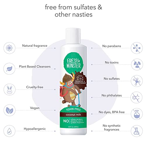 Fresh Monster 2-in-1 Kids Shampoo & Conditioner, Toxin-Free, Hypoallergenic, Tear-free Shampoo & Conditioner for Kids, Coconut (2 Pack, 8.5oz/each) - Image 4
