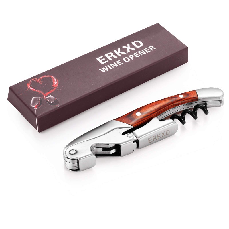 ERKXD Premium Waiters Corkscrew Allinone Stainless Steel Wine Opener with Rosewood Pull Tap Handle Bottle Opener and Serrated Foil Cutter