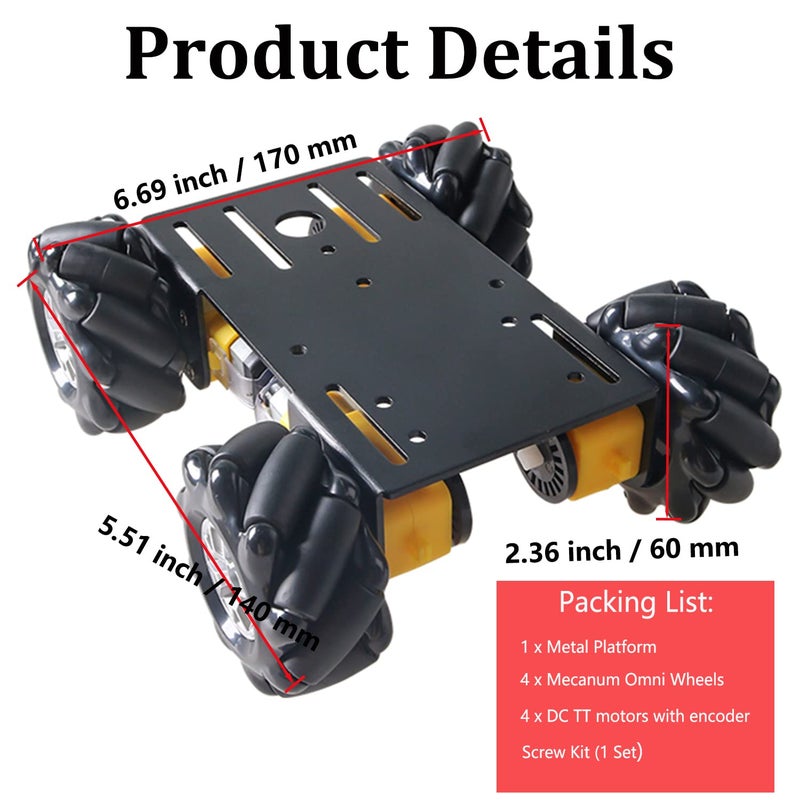 SmaringWing MC100 4WD Mecanum Wheel Car Chassis with TT Motor, Remote Control Smart Car Kit with 60mm Omnidirectional Wheel for Arduino / Raspberry pi / Micobit, Metal Frame Robot Chassis for DIY Learning (Black) - Image 2