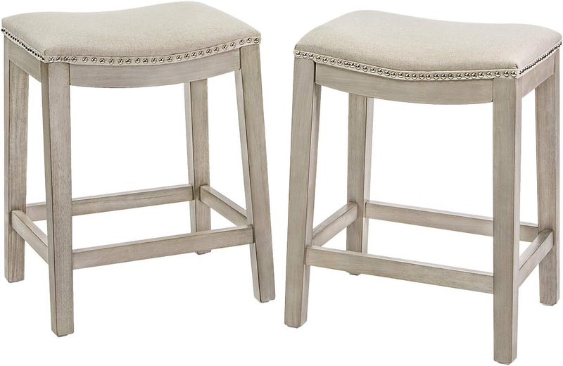 Barton Set of 2 Bar Stools Beige 24 Saddle Backless Premium Padded IndoorOutdoor Nailhead Cushion Kitchen Counter Chairs Pub Seat Foot Rest - Image 1
