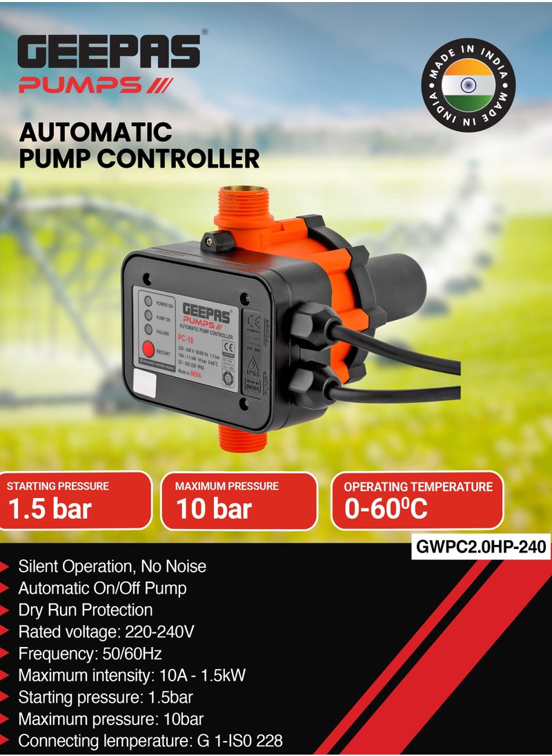 GEEPAS - Geepas Automatic Pump Controller GWPC2.0HP-240, Premium-Quality Construction, Starting Pressure- 1.5 bar, Maximum Pressure- 10 bar, Perfect for Industrial, Agricultural And Domestic Applications - Image 1