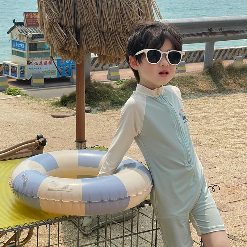 Generic Boys Swimsuit Summer Kidsrens Long-Sleeved Swimsuit Summer Boy Summer New Beach Wear Baby One-Piece Swimsuit Coconut dinosaur free hat