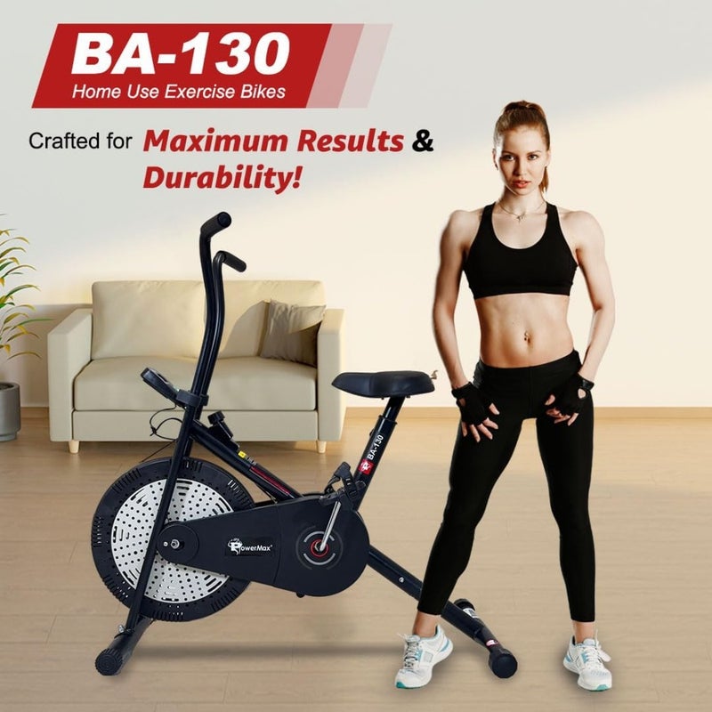 Air Bike Exercise Cycle for Home-Gym Workout with 1.5kg Fly wheel, Non-Slip Pedals Fixed Handle Gym Bike for Max user 120kg, Belt Drive, one Pcs crank, Adjustable seat-Black - Image 2