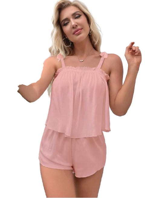 Women's pajama set with very soft, comfortable materials ruffles at the chest, and hot shorts