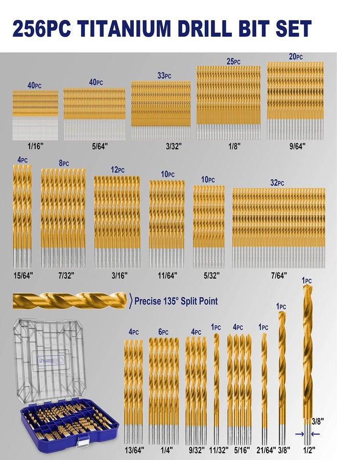 HURRICANE 276 Piece Titanium Twist Drill Bit Set with Bonus S2 Bits, 135° Tip High Speed Steel, Size 1/16" to 1/2", 20 Piece S2 Bits, Clear Lid Organization - Image 4