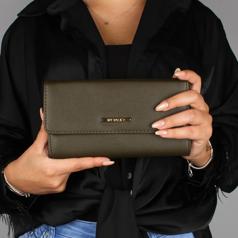 ماي فاليس Women's Leather Crossbody Mini Bag Wallet and Card Holder Compartment Phone Bag 1622 Khaki
