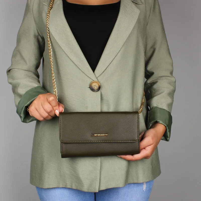 ماي فاليس Women's Leather Crossbody Mini Bag Wallet and Card Holder Compartment Phone Bag 1622 Khaki