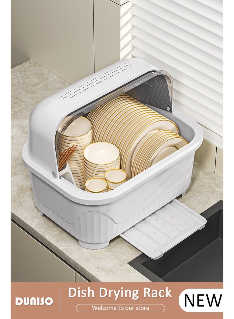 DUNISO Dish Drying Rack with Lid, Large Dish Rack for Kitchen Cabinets, Plastic Dish Drainer with Drainboard Tray, Kitchen Plate Cup Tray Cutlery Drainer, Space Saving Kitchen Countertop Organizer, Dustproof Nursing Baby Bottle Drying Rack Storage Box - Image 1