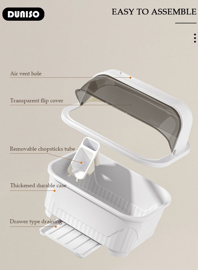 DUNISO Dish Drying Rack with Lid, Large Dish Rack for Kitchen Cabinets, Plastic Dish Drainer with Drainboard Tray, Kitchen Plate Cup Tray Cutlery Drainer, Space Saving Kitchen Countertop Organizer, Dustproof Nursing Baby Bottle Drying Rack Storage Box - Image 4