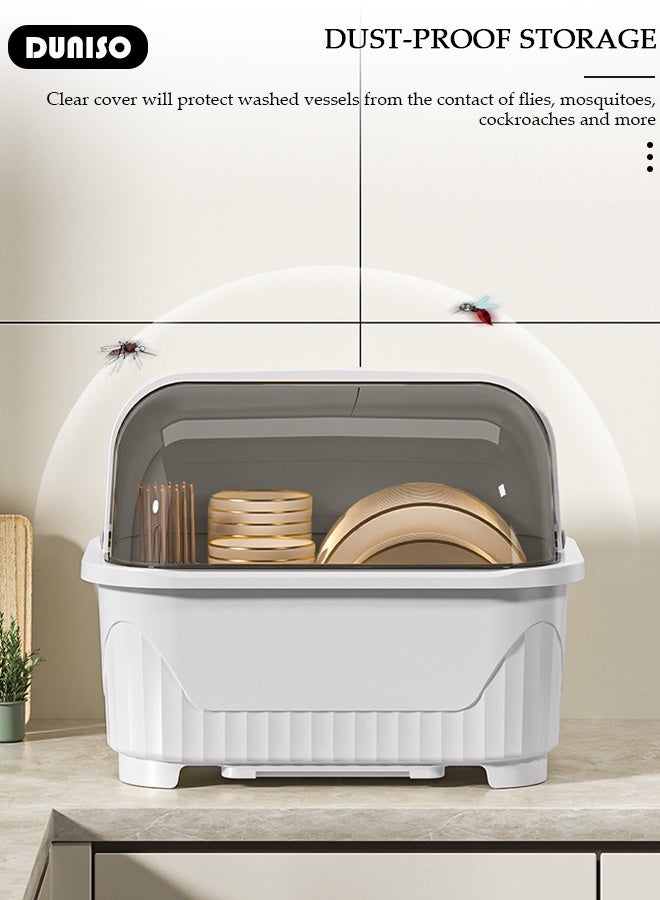 DUNISO Dish Drying Rack with Lid, Large Dish Rack for Kitchen Cabinets, Plastic Dish Drainer with Drainboard Tray, Kitchen Plate Cup Tray Cutlery Drainer, Space Saving Kitchen Countertop Organizer, Dustproof Nursing Baby Bottle Drying Rack Storage Box - Image 3