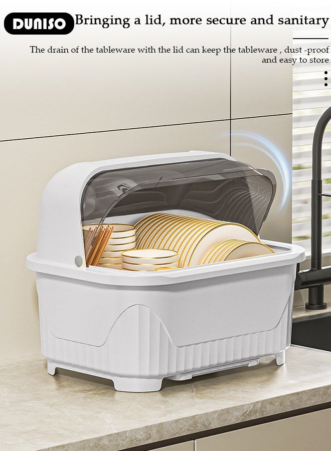 DUNISO Dish Drying Rack with Lid, Large Dish Rack for Kitchen Cabinets, Plastic Dish Drainer with Drainboard Tray, Kitchen Plate Cup Tray Cutlery Drainer, Space Saving Kitchen Countertop Organizer, Dustproof Nursing Baby Bottle Drying Rack Storage Box - Image 2