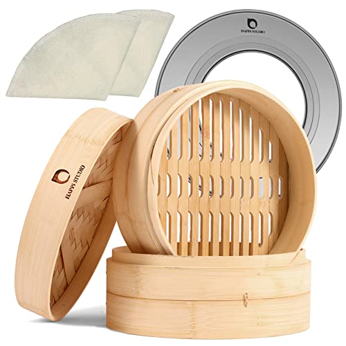 HAPPI STUDIO Bamboo Steamer Basket  2Tier Dumpling Steamer  10 Inch Bamboo Steamer for Cooking Dim Sum Momo Rice  Bao Bun Steamer  Steaming Basket  Natural Chinese Steam Baskets with Steamer Ring Set
