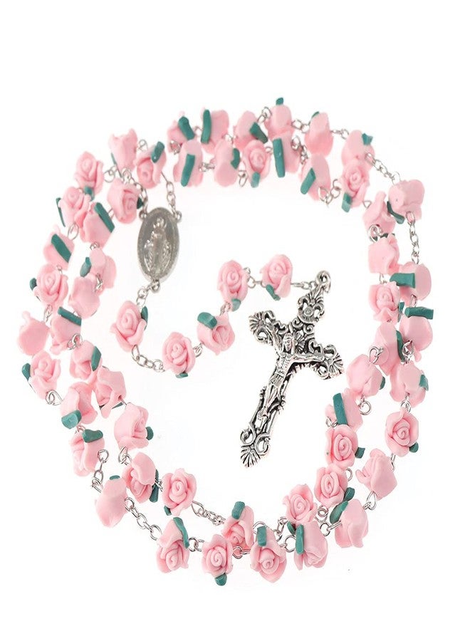 YWLI Rosary Beads Catholic - 6 Color, Confirmation Gifts for Teenage Girl, Polymer Clay Rose Necklace Jewelry, Silver Alloy Cross Necklace for Women, Gifts for Women, Small, Metal - Image 1