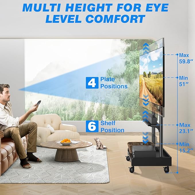 Rfiver Heavy Duty TV Stand with Wheels for Most 40-86 Inch TVs up to 150lbs, Height Adjustable Mobile TV Stand with Shelf, Floor TV Stand for Living Room, TV Cart Max VESA 600x400mm, Black | MT7001 - Image 3