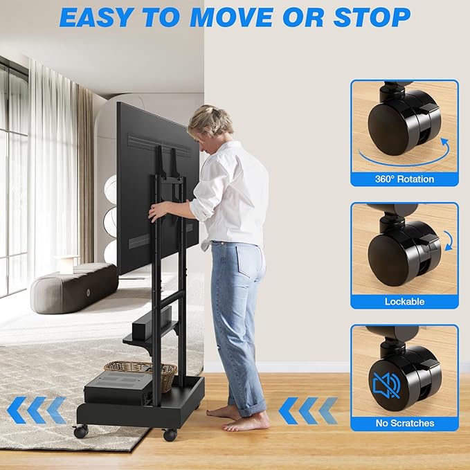 Rfiver Heavy Duty TV Stand with Wheels for Most 40-86 Inch TVs up to 150lbs, Height Adjustable Mobile TV Stand with Shelf, Floor TV Stand for Living Room, TV Cart Max VESA 600x400mm, Black | MT7001 - Image 4