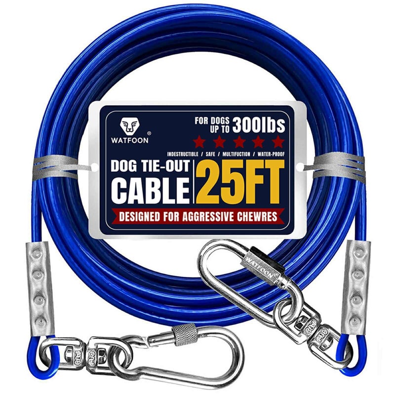 WATFOON Tie Out Cable for Dogs Up to 300lbs,25ft Extra Strong 1000lbs Break Strength Tie-Out Tether Trolley Training Lead,Dog Run Cable for Yard Garden Park Camping Outside (Blue, 300lbs 25ft) - Image 1