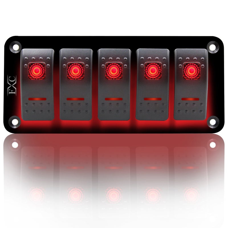 FXC Rocker Switch Aluminum Panel 5 Gang Toggle Switches Dash 5 Pin ON/Off 2 LED Backlit for Boat Car Marine Red - Image 1