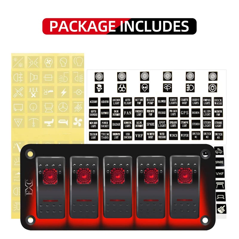 FXC Rocker Switch Aluminum Panel 5 Gang Toggle Switches Dash 5 Pin ON/Off 2 LED Backlit for Boat Car Marine Red - Image 3