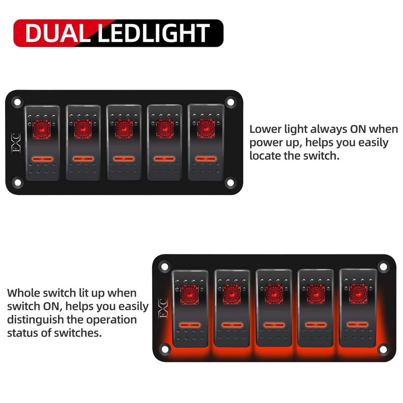 FXC Rocker Switch Aluminum Panel 5 Gang Toggle Switches Dash 5 Pin ON/Off 2 LED Backlit for Boat Car Marine Red - Image 2